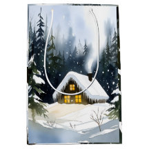 Vintage Winter Cabin Watercolor Christmas