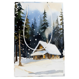 Sacola Para Presentes Média Vintage Winter Cabin Watercolor Christmas