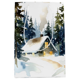 Sacola Para Presentes Média Vintage Winter Cabin Watercolor Christmas
