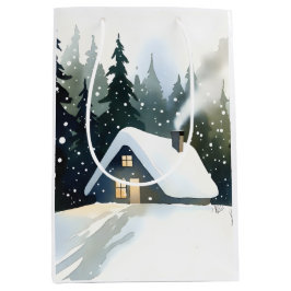 Sacola Para Presentes Média Vintage Winter Cabin Watercolor Christmas