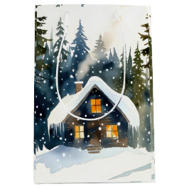 Sacola Para Presentes Média Vintage Winter Cabin Watercolor Christmas