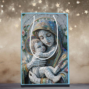 Sacola Para Presentes Média Virgem Maria e Jesus Bebê Estátua do Mosaico
