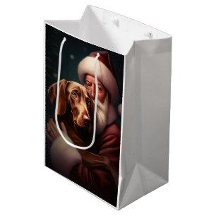 Sacola Para Presentes Média Vizsla com Papai Noel Natal Festivo
