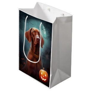 Sacola Para Presentes Média Vizsla de Halloween com Abóboras Assustadoras