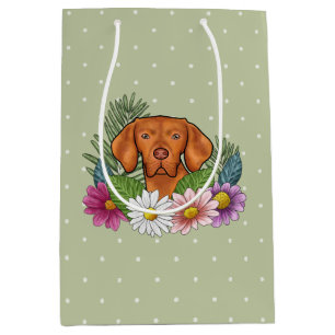 Sacola Para Presentes Média Vizsla Húngaro E Flores Coloridas De Verão Verde
