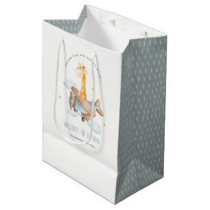 Sacola Para Presentes Média Voo Azul Bonito Sobre Avião Animal Giraffe Anivers
