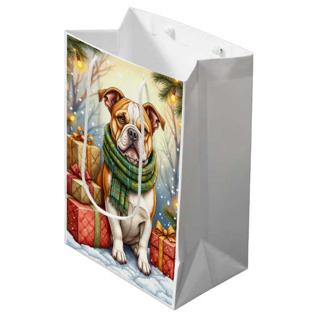 Sacola Para Presentes Média Watercolor American Bulldog Christmas Holiday (Frente inclinada)