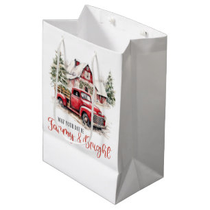 Sacola Para Presentes Média Watercolor Christmas Vintage Truck and Barn