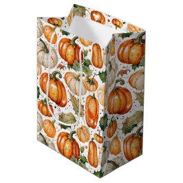 Sacola Para Presentes Média Watercolor Harvest Pumpkin and Autumn Leaf Pattern
