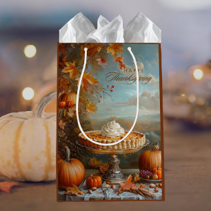 Sacola Para Presentes Média Watercolor Pumpkin Pie Happy Ação de Graças