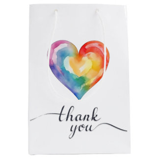 Sacola Para Presentes Média Watercolor Rainbow Heart Obrigado Gift Bag