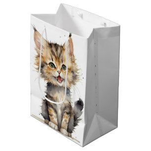 Sacola Para Presentes Média Watercolor Tabby Kitten Para Aniversário