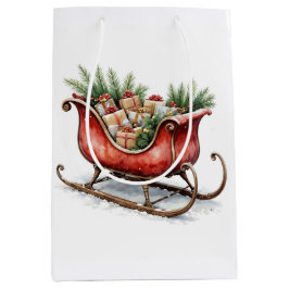 Sacola Para Presentes Média Watercolor Vintage Christmas Sleigh