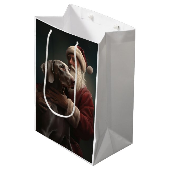 Sacola Para Presentes Média Weimaraner com Papai Noel Natal Festivo (Frente inclinada)