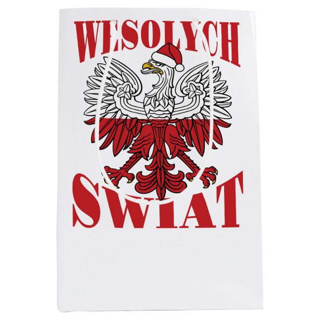 Sacola Para Presentes Média Wesolych Swiat Polonês Eagle Santa Hat (Frente)