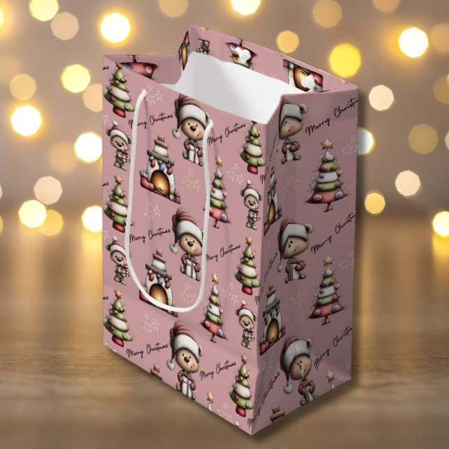 Sacola Para Presentes Média Whimsical Teddy Bear Christmas Pink Background (Criador carregado)