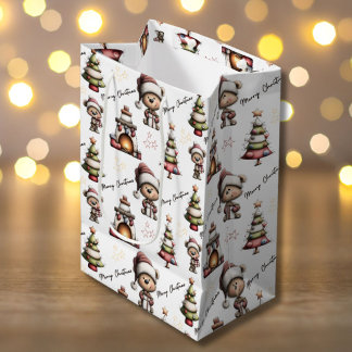 Sacola Para Presentes Média Whimsical Teddy Bear Christmas White Background