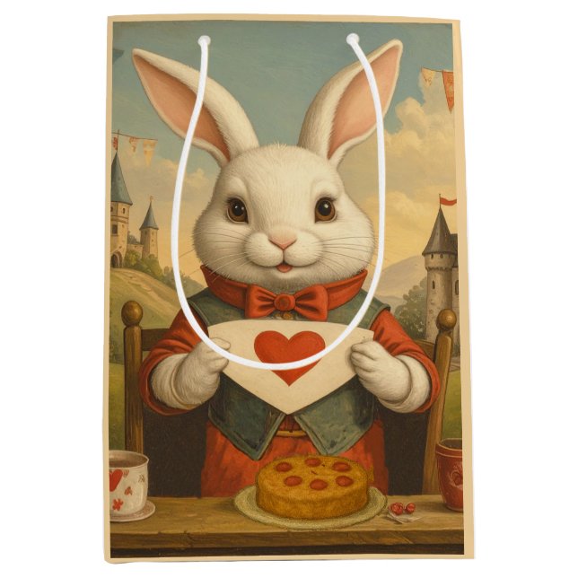 Sacola Para Presentes Média Whimsical White Rabbit Hearts Enchanted Wonderland (Frente)