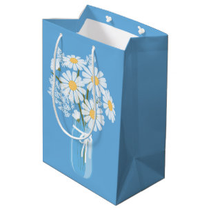 Sacola Para Presentes Média White Daisies Mason Jar em Azul