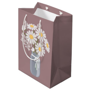Sacola Para Presentes Média White Daisies Mason Jar em Rosy Brown