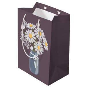 Sacola Para Presentes Média White Daisies Mason Jar em Roxo Escuro