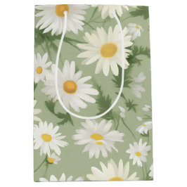 Sacola Para Presentes Média White Daisies On Sage Green