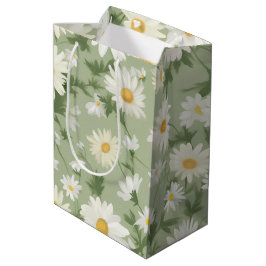 Sacola Para Presentes Média White Daisies On Sage Green