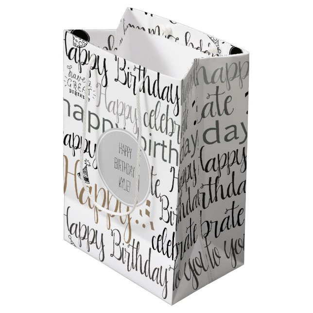 Sacola Para Presentes Média White Happy Birthday   (Frente inclinada)