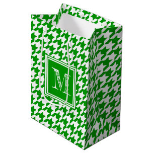 Sacola Para Presentes Média White Houndstooth Verde Monograma Moderno