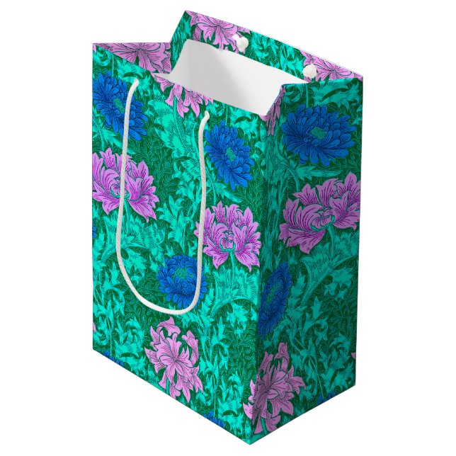 Sacola Para Presentes Média William Morris Chrysanthemums, Aqua e Violet (Frente inclinada)