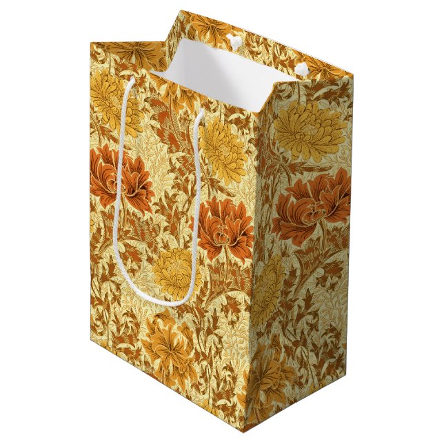 Sacola Para Presentes Média William Morris Chrysanthemums, Mostarda Dourada (Frente inclinada)