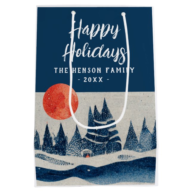 Sacola Para Presentes Média Winter Landscape Forest Moon Navy Blue Drawing  (Verso)