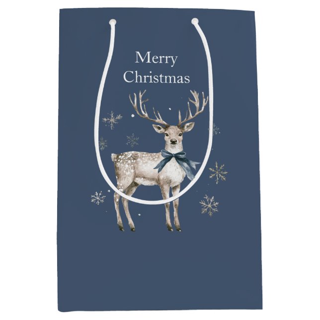 Sacola Para Presentes Média Winter Wonderland Blue Deer Snowflakes Christmas (Frente)