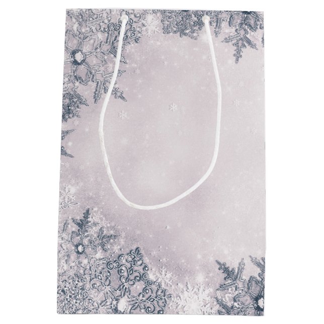 Sacola Para Presentes Média Winter Wonderland Snowflakes White Elegant (Verso)