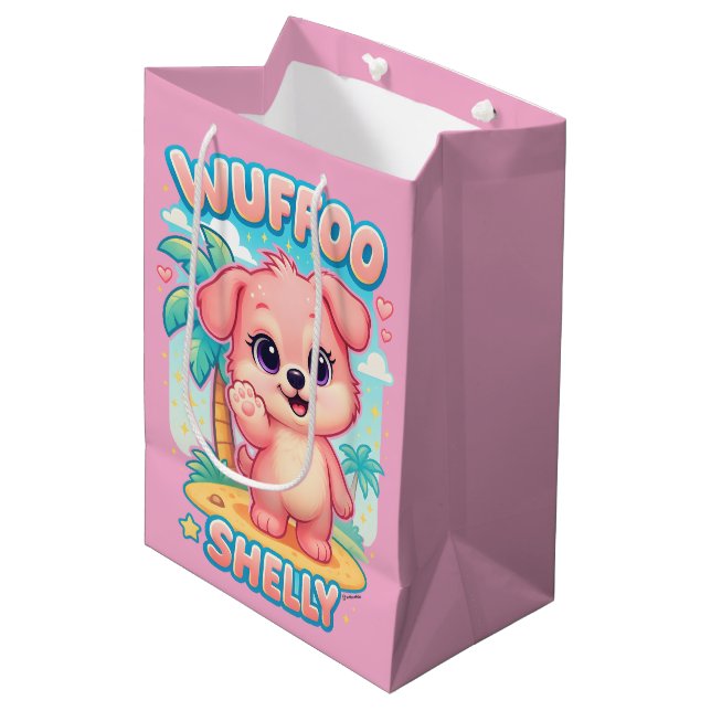 Sacola Para Presentes Média Wuffoo Shelly Kawaii Puppy Tropical Island (Frente inclinada)