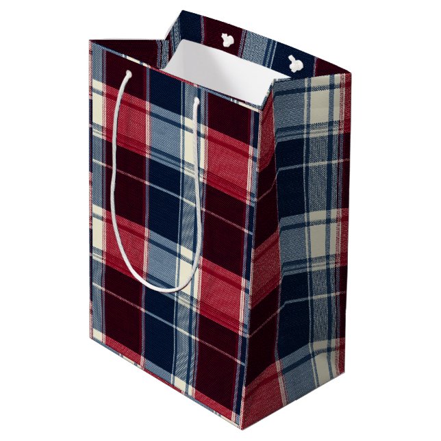 Sacola Para Presentes Média Xadrez Azul e Vermelho de Natal Clássico (Verso inclinado)