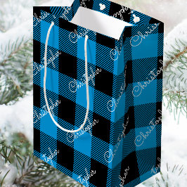 Sacola Para Presentes Média Xadrez de Buffalo de Natal Nome Personalizado Russ