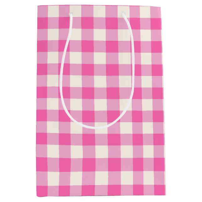 Sacola Para Presentes Média Xadrez de Cottagecore Rosa Gingham (Frente)