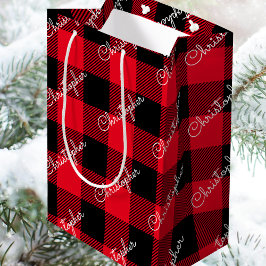 Sacola Para Presentes Média Xadrez de Natal Buffalo Nome Personalizado Vermelh