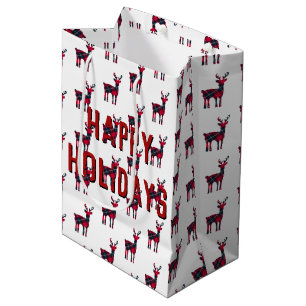 Sacola Para Presentes Média Xadrez de Natal Tartan Deer