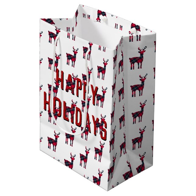 Sacola Para Presentes Média Xadrez de Natal Tartan Deer (Frente inclinada)
