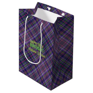 Sacola Para Presentes Média Xadrez de Tarta Roxo Brilho Dia Especial de Aniver