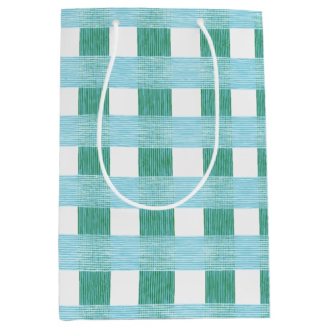 Sacola Para Presentes Média Xadrez de Tecido Gingham em Verde e Água (Frente)