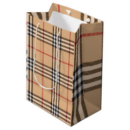 Sacola Para Presentes Média Xadrez Elegante Base Bege Quente Preto Marrom Tart