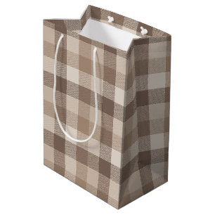 Sacola Para Presentes Média Xadrez Gingham de Plaid em Tom de Terra Neutro