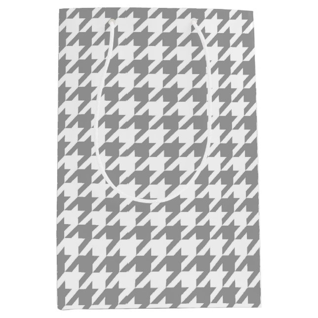Sacola Para Presentes Média Xadrez Houndstooth Branco Cinza Cinza-Cinza (Frente)