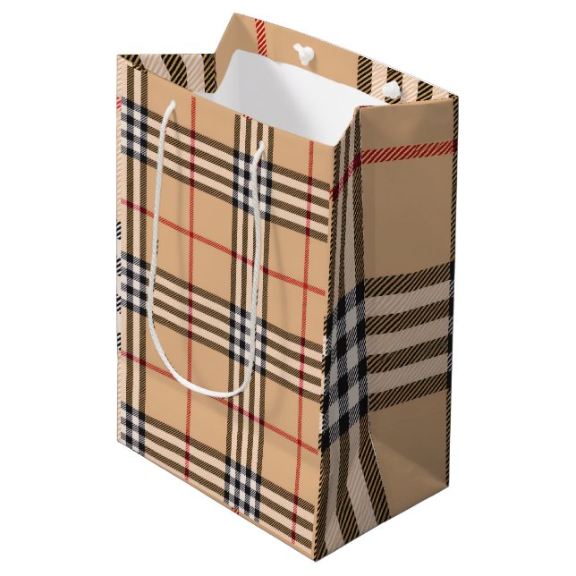 Sacola Para Presentes Média Xadrez Quente Quente Tan Base Branco Preto Tartan (Frente inclinada)