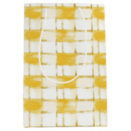 Sacola Para Presentes Média Yellow White Plaid Stripes Birthday