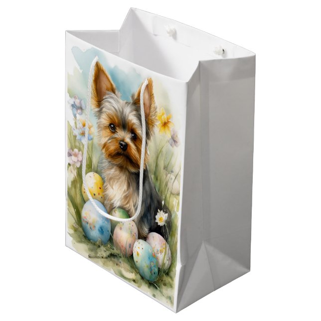 Sacola Para Presentes Média Yorkshire Terrier Dog Com Feriado De Ovos De Pásco (Frente inclinada)
