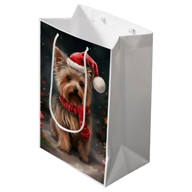 Sacola Para Presentes Média Yorkshire Terrier Dog no Natal da neve (Frente inclinada)